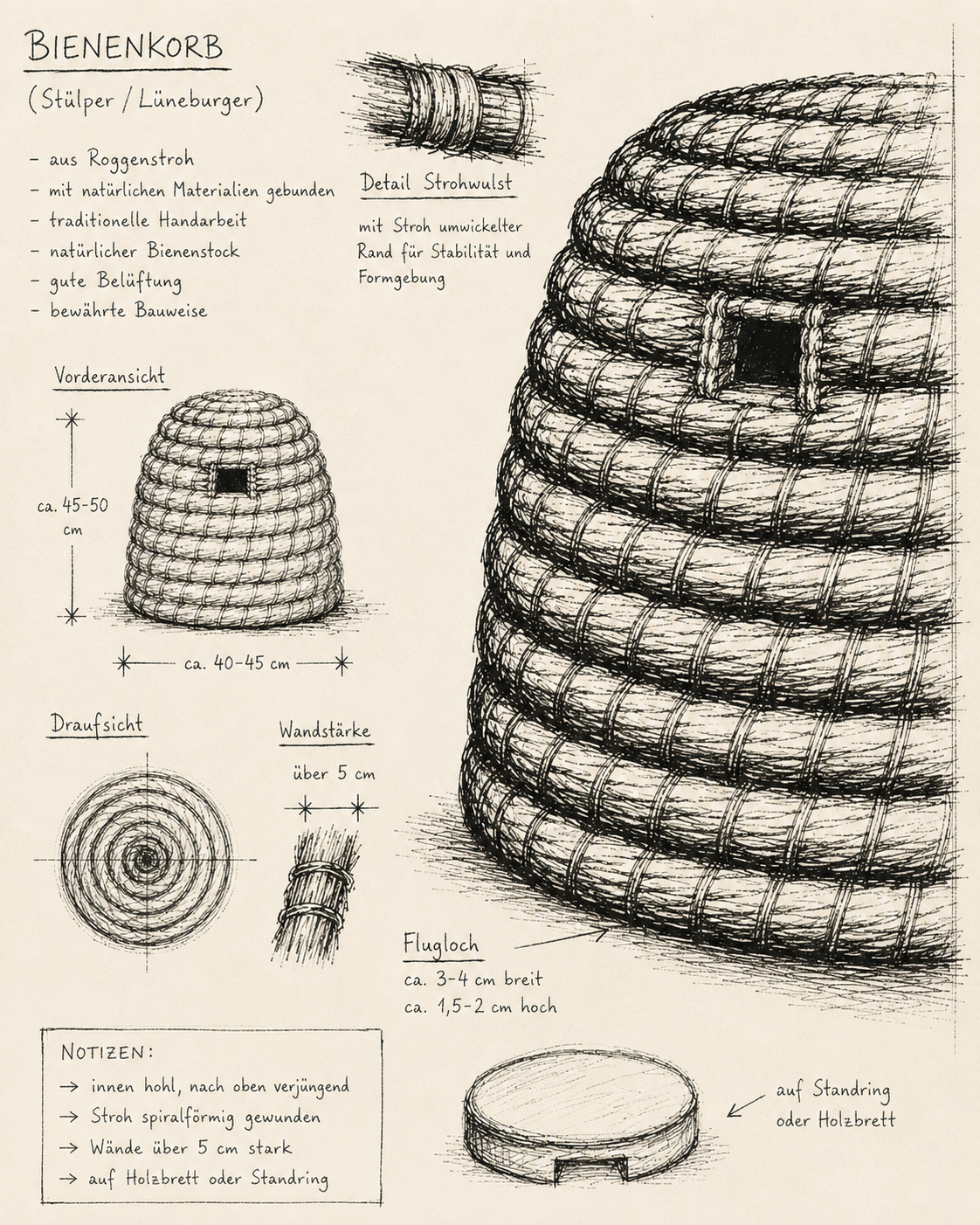 Technische Skizze eines traditionellen Bienenkorbs
